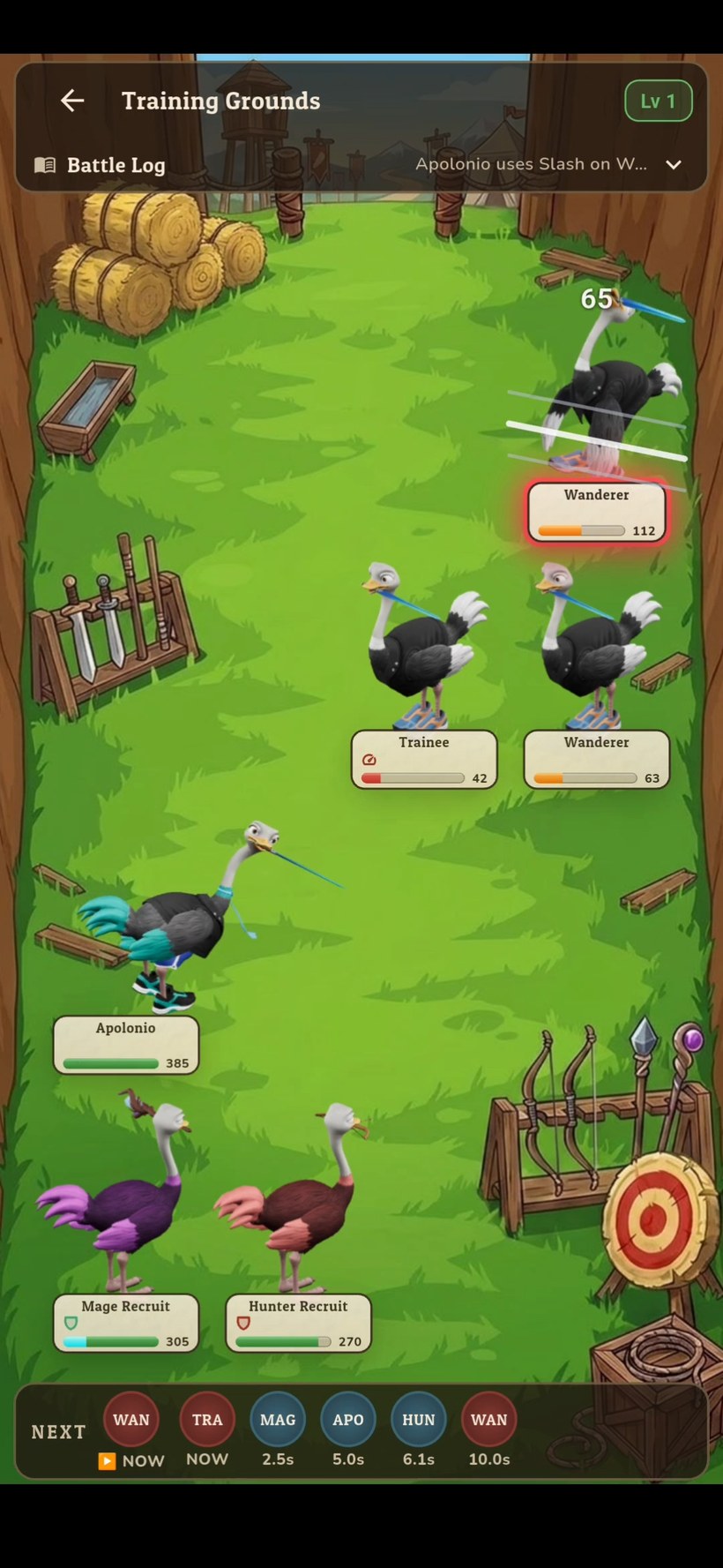 Training Grounds battle screen with ostrich fighters and a turn order bar.