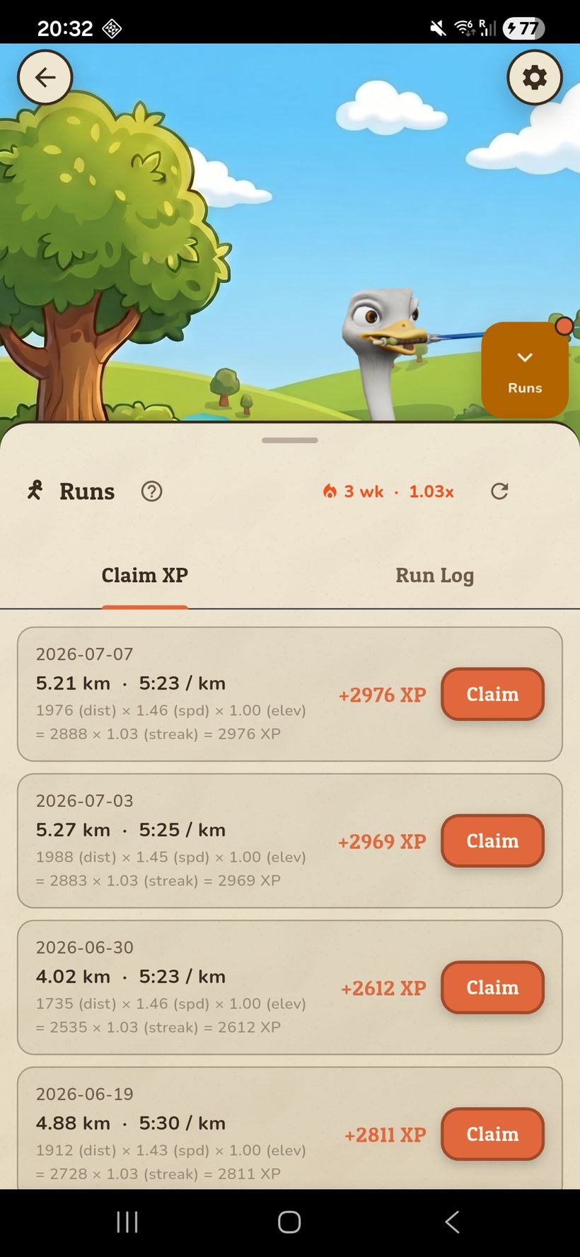 Runs list showing several completed runs with XP rewards ready to claim.
