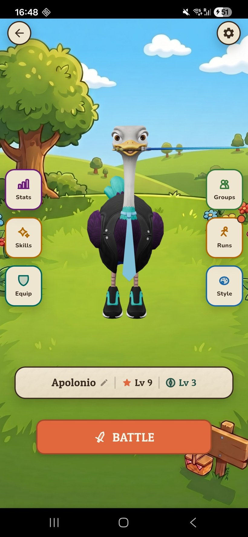 An Apex Runner ostrich hero standing in a sunny field, with menus for stats, skills, equipment, groups and runs.