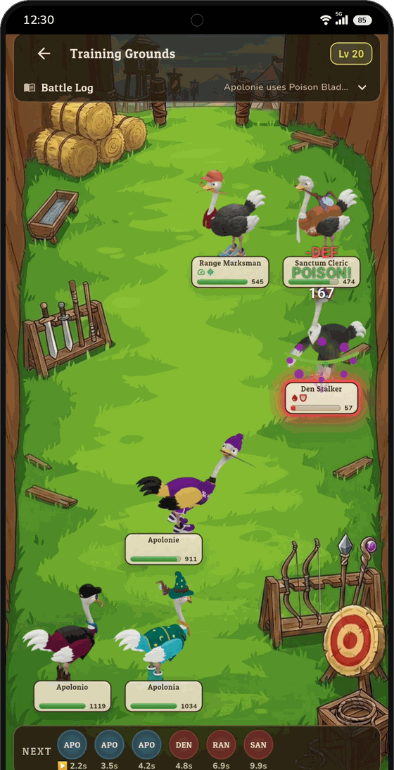 Turn-based squad battle on the Training Grounds, with health bars and a turn order.