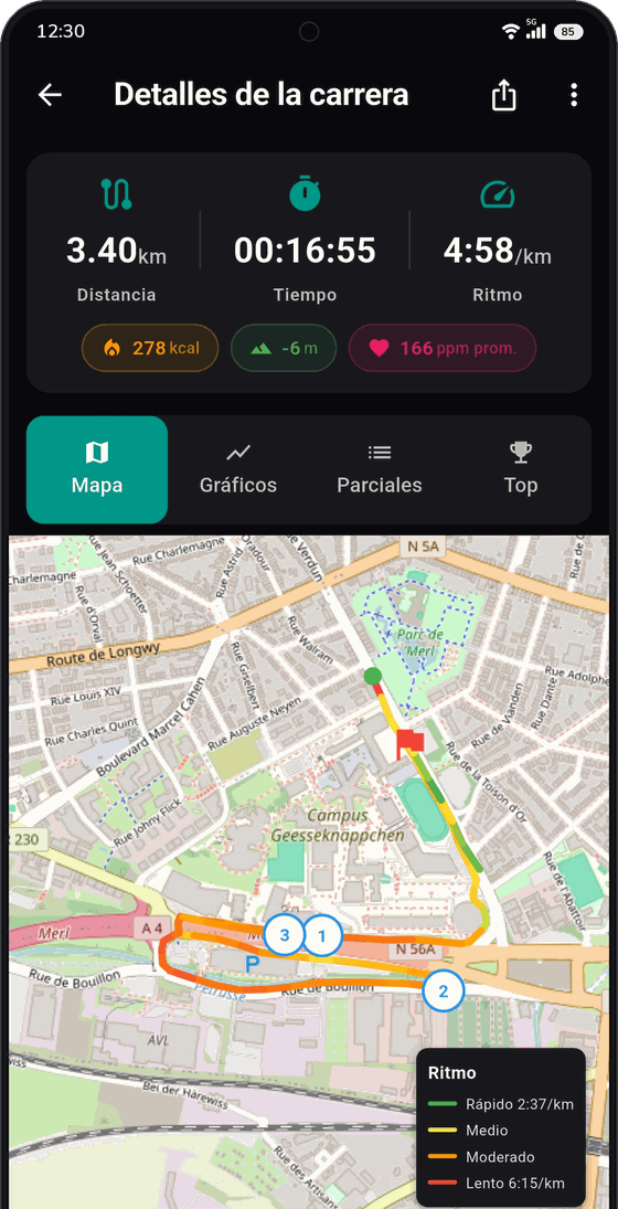 Detalles de la carrera — 3,40 km en 16:55 a 4:58 por kilómetro, con el mapa de ruta coloreado por ritmo.