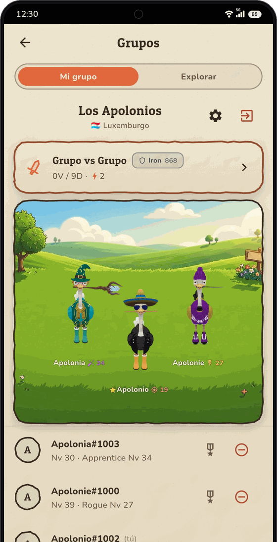 Pantalla de grupos con una escuadra de tres jugadores, su país y su registro de PvP por grupos.