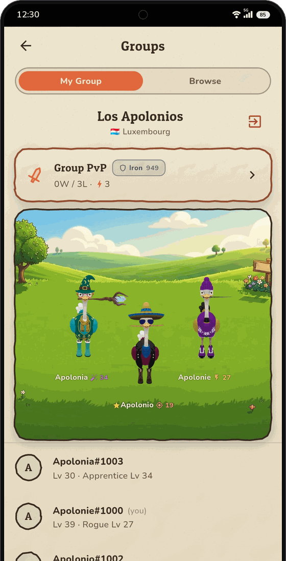 Groups screen showing a three-player squad, its country and its group PvP record.
