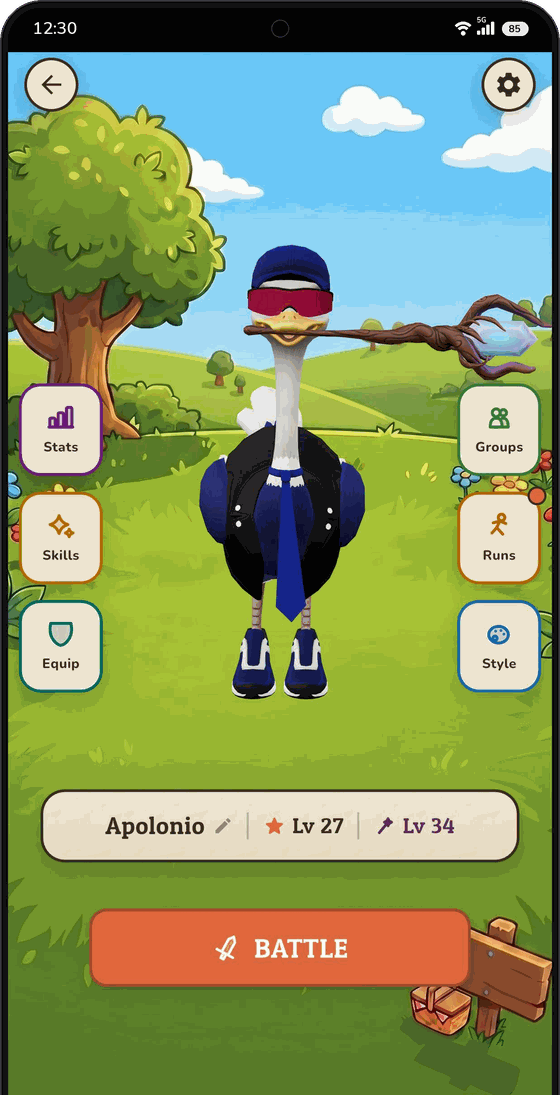 Apex Runner home screen: a levelled-up ostrich in running gear with menus for stats, skills, equipment, groups, runs and style.