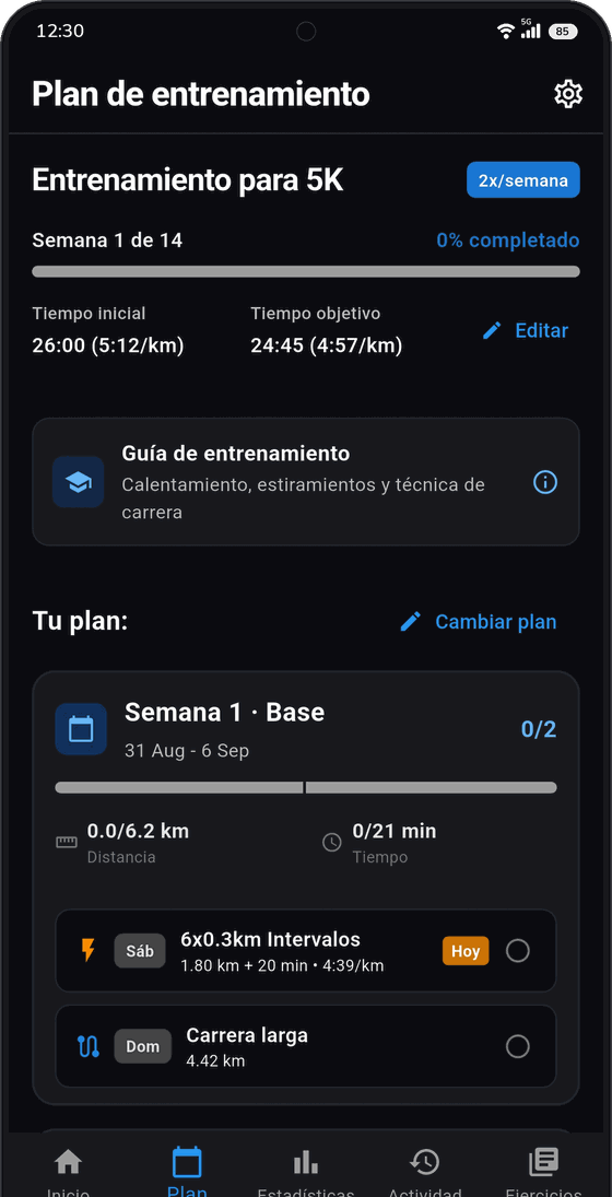 Plan de entrenamiento de 5K de 14 semanas con las sesiones de la semana.