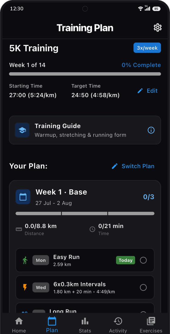 A 14-week 5K training plan showing the week's easy run, intervals and long run.
