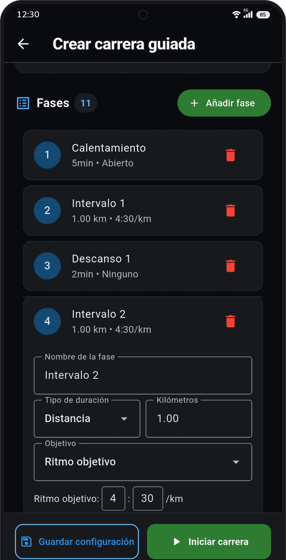 Creador de carreras guiadas con calentamiento, series, descansos y ritmos objetivo.