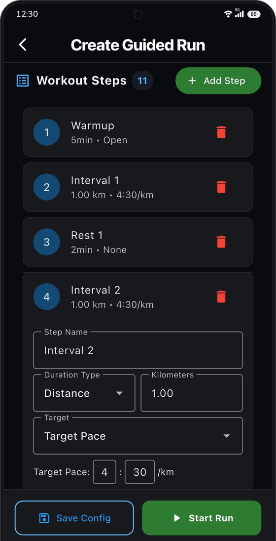 Guided run builder with warmup, intervals, rests and target paces.