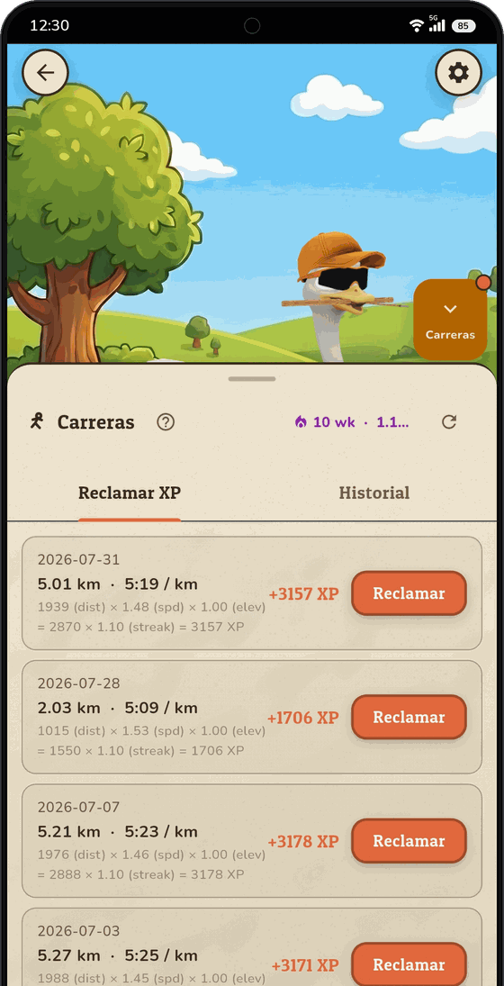 Pantalla de carreras con las sesiones completadas y su desglose de XP, listas para reclamar.