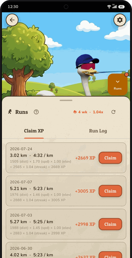 Runs screen with completed sessions and their XP breakdown, ready to claim.