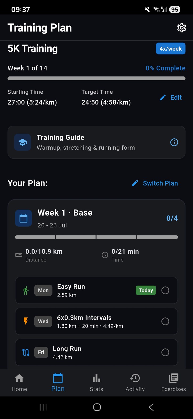 14-week 5K training plan showing the week's easy run, intervals and long run.
